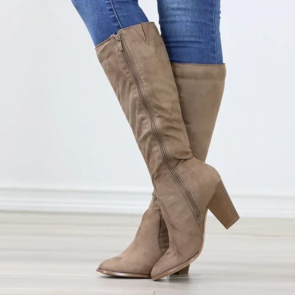 Tan Block Heeled Boots Below The Knee Faux Suede Pointed Toe Womens - Picture 8 of 14